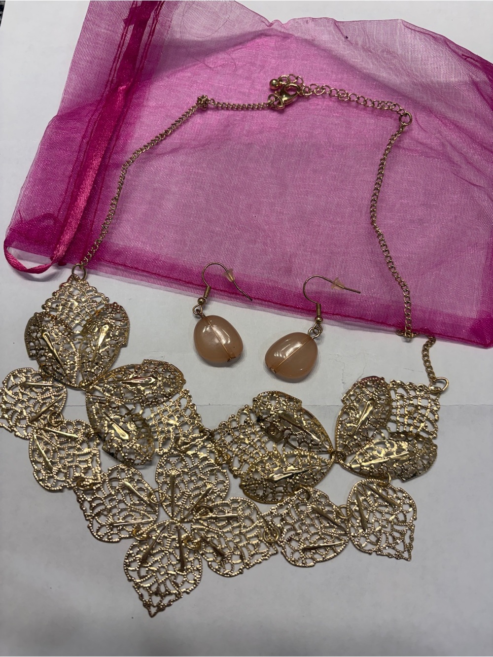 Gold Filigree Leaf Statement Necklace with Beige Drop Earrings